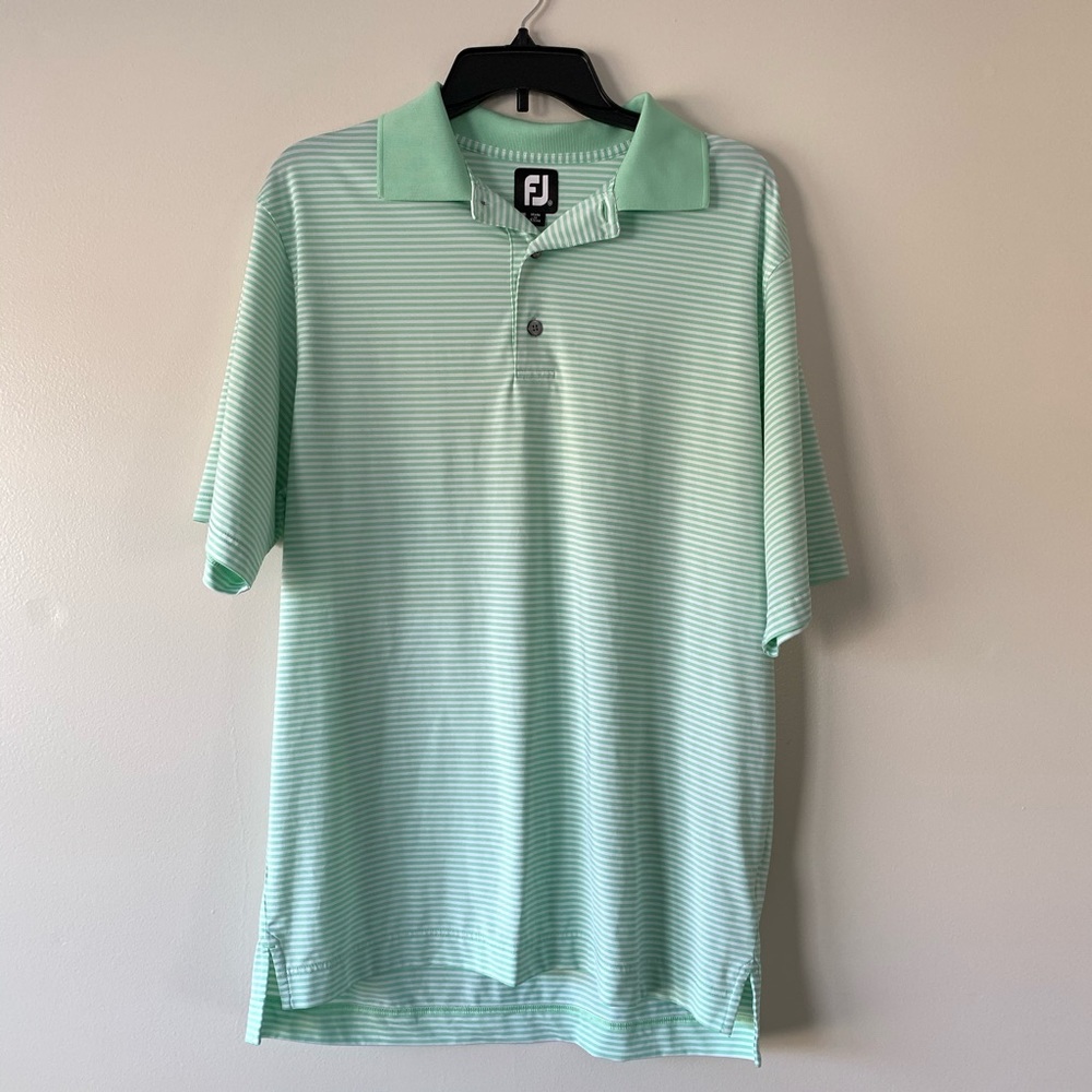 FJ FootJoy Green & White Striped Golf Polo Size M